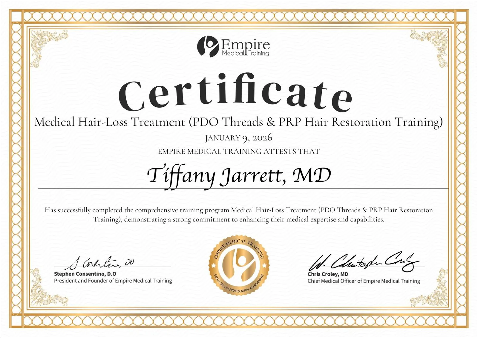 Medical Hair-Loss Treatment certificate for Tiffany Jarrett, M.D.