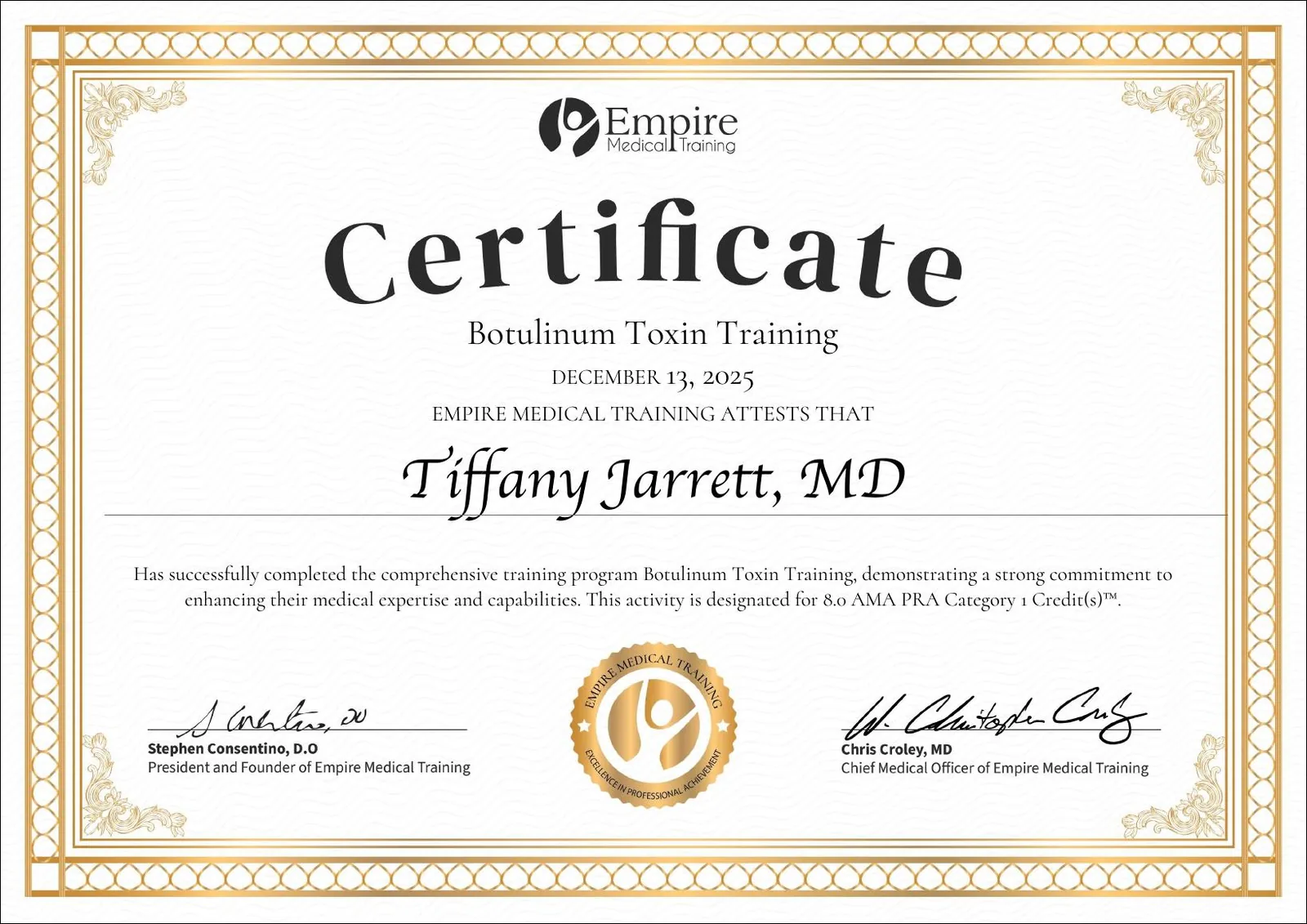 Botulinum Toxin Training certificate for Tiffany Jarrett, M.D.