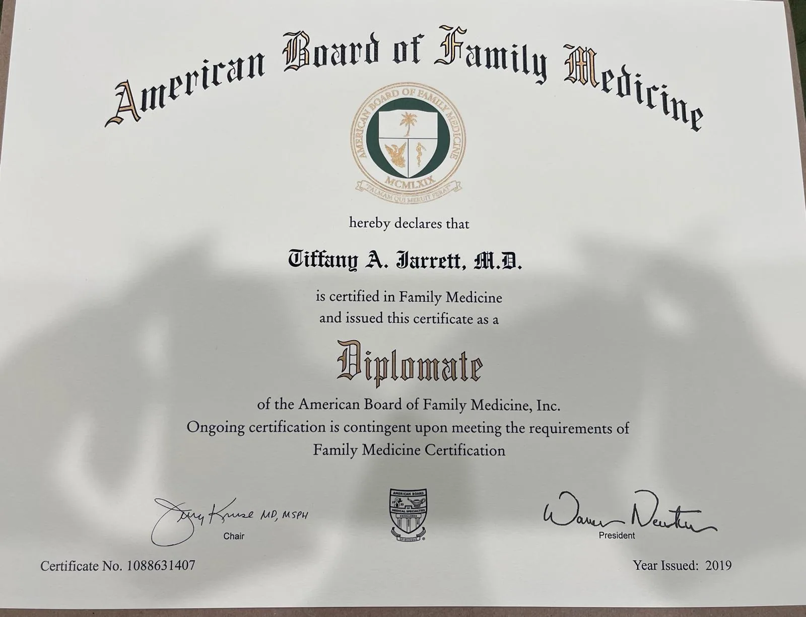 American Board of Family Medicine certificate for Tiffany A. Jarrett, M.D.